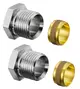 Metallische Klemmringverschraubung von Oventrop, bestehend aus zwei Gewindeverbindungen und zwei Dichtungsringen in Gold- und Bronzeton. Verwendbar für Verbindungsrohre.
